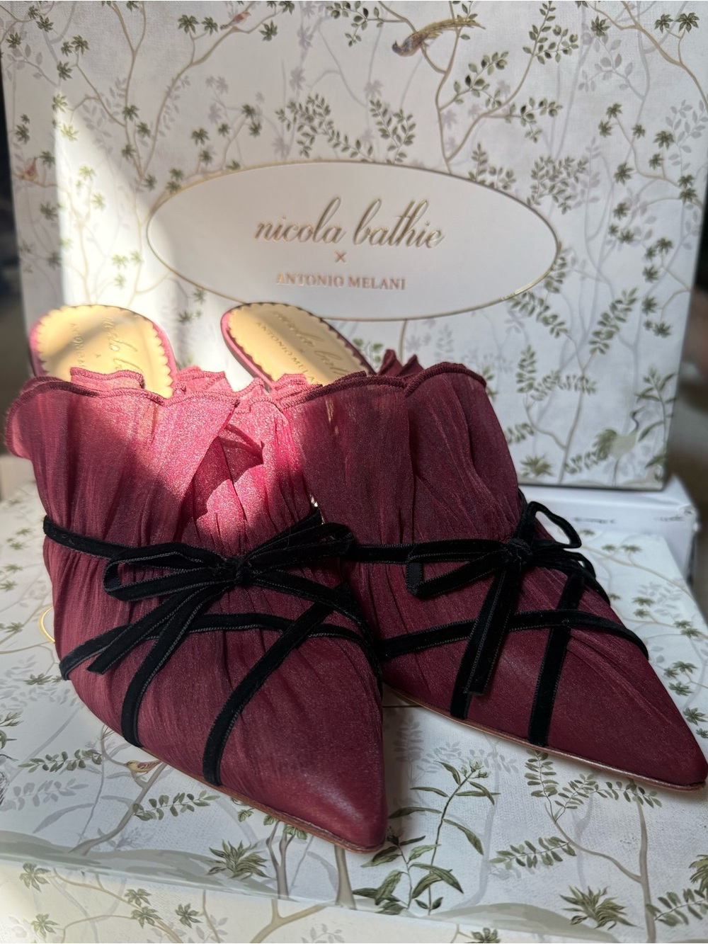 Nicola Bathie Burgundy Sophia Pointed Toe Mule with Black Ribbon